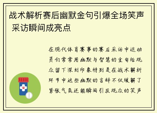 战术解析赛后幽默金句引爆全场笑声 采访瞬间成亮点