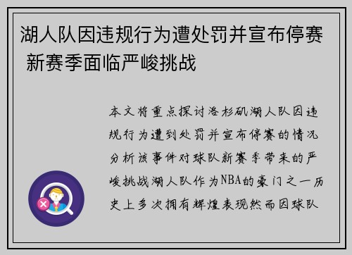 湖人队因违规行为遭处罚并宣布停赛 新赛季面临严峻挑战