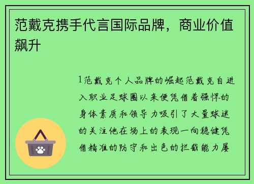 范戴克携手代言国际品牌，商业价值飙升